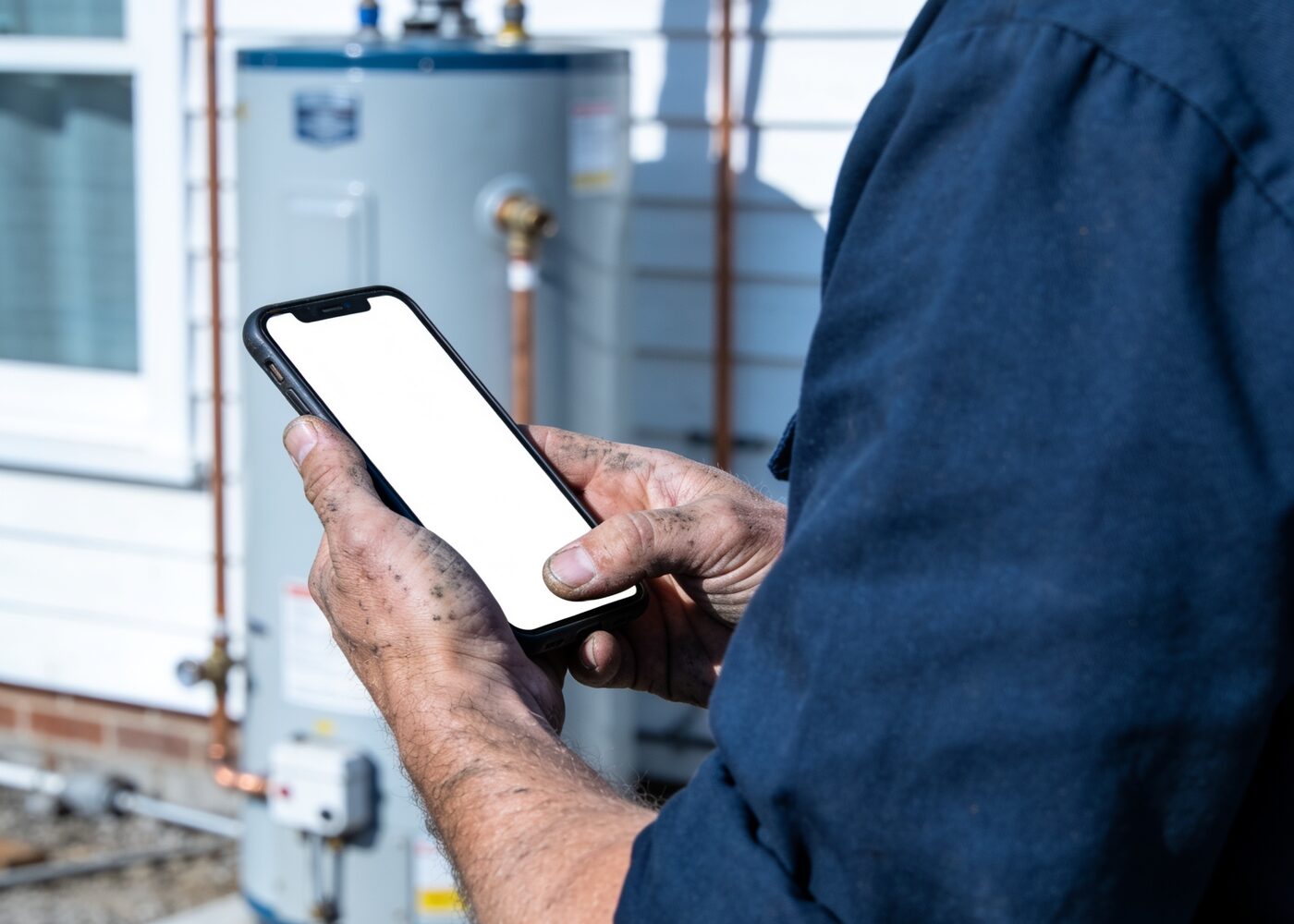 A tradesperson holding a phone on a job site beside a hot water cylinder