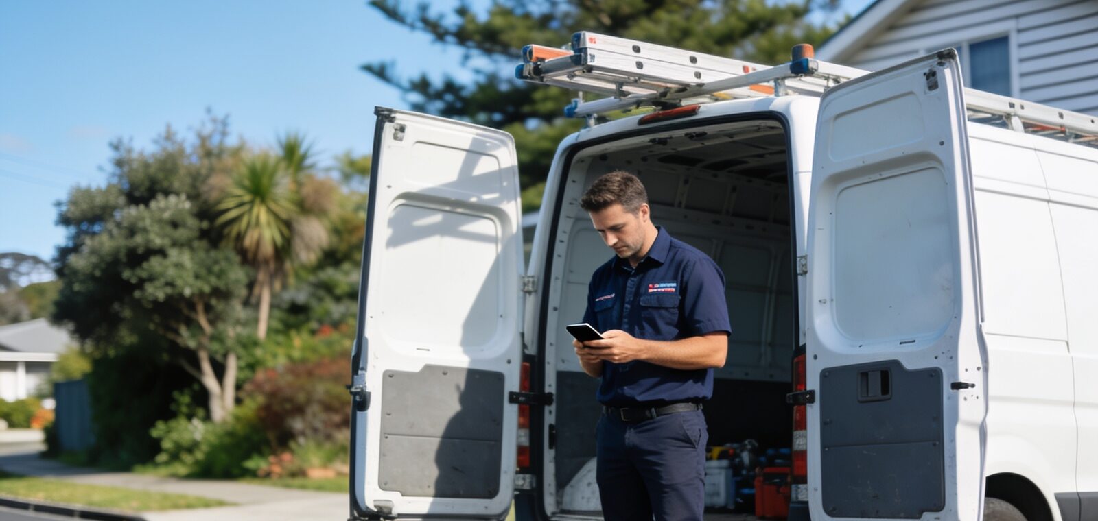A plumber checking a phone at the back of a work van on a New Zealand street