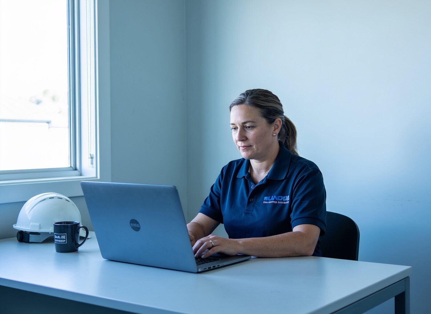 An office manager at a laptop in a small New Zealand trades office