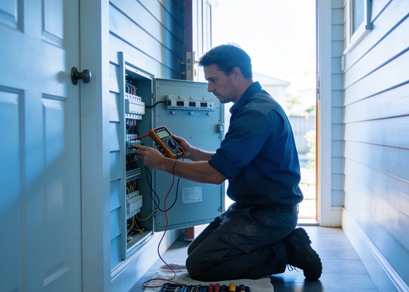 An electrician testing a switchboard on a residential job
