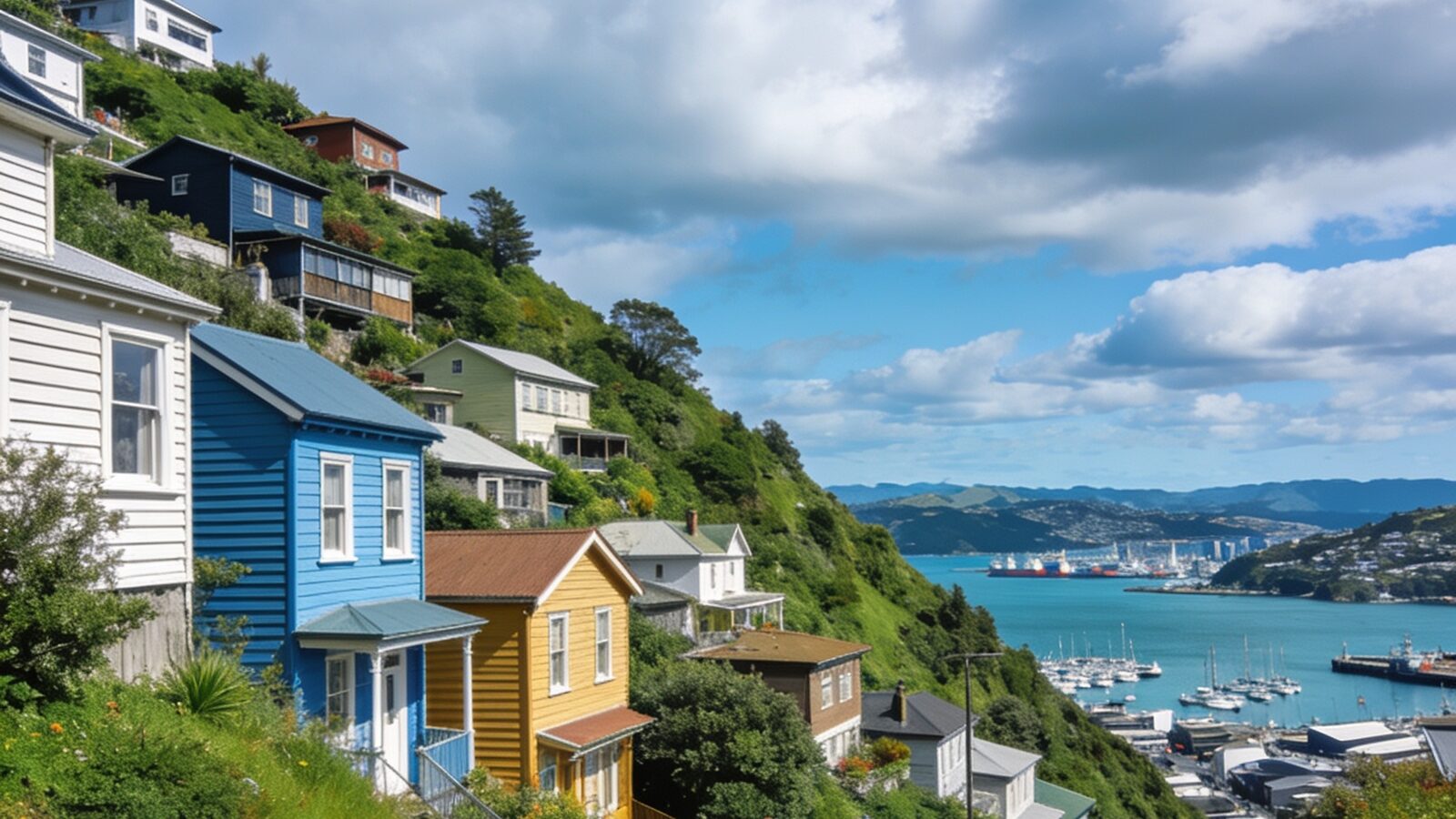 A Wellington hillside street of weatherboard houses with a work van parked on the roadside